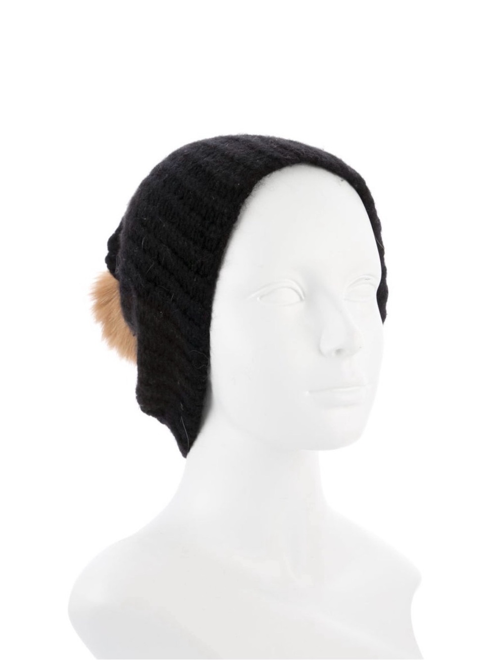 Sofia Cashmere Black Cable Knit Beanie Hat with Blush Faux Fur Pom Pom